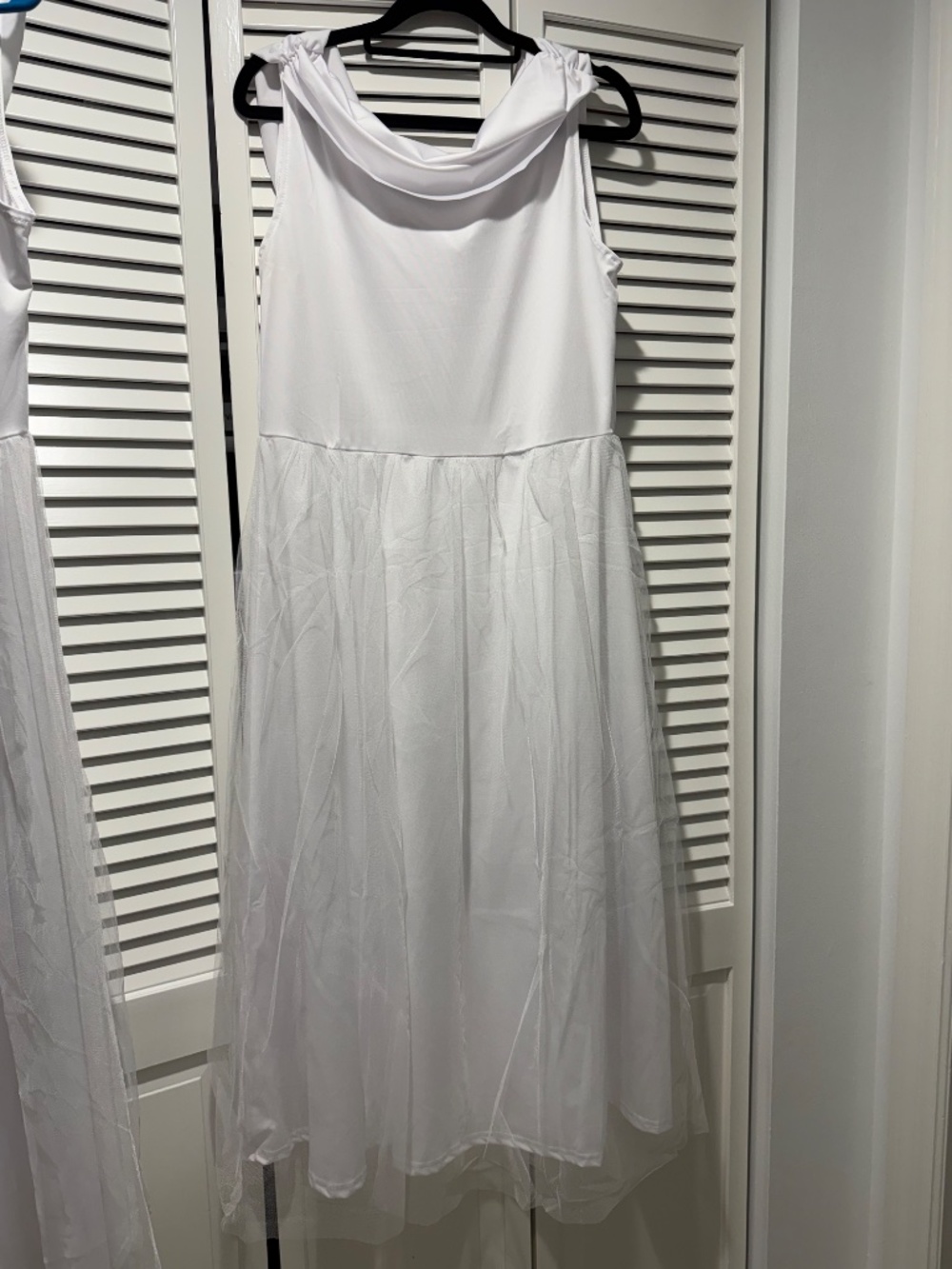 Bella Hudson white sleeveless midi dress cowl neck pleated overskirt COSPLAY